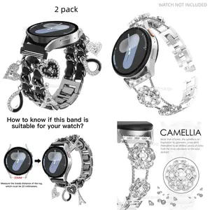 Fashion metal strap suitable for Samsung Galaxy Watch 7 6 5 4 strap watch 6 Classic/5 Pro/4 Classic/FE strap 47mm 43mm 46mm 42mm 45mm 44mm 40mm, 20mm stainless steel strap Galaxy Watch 3 41mm, and camellia metal strap, metal bracelet strap 2 packs