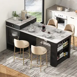 K&K 59.5" Kitchen Island with Extendable Dining Table, Kitchen Storage Table with Double-sided Storage, Kitchen Island with 2 Drawers, Power Outlet, Side Open Shelves, for Kitchen, Dining Room