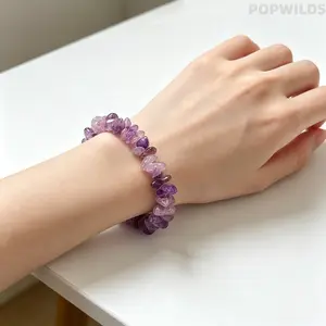 Crystal Beaded Bracelet with Irregular Crushed Amethyst & Strawberry Gems, an Elegant Gemstone Aesthetic Bangle with Crystal Healing Stones for Unisex Daily Wear