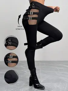DRESSLILY 2025 Women's Gothic Black Pants Solid Color Hollow Out Gothic Pants Square Buckle Strap High Waisted Skinny Long Pants