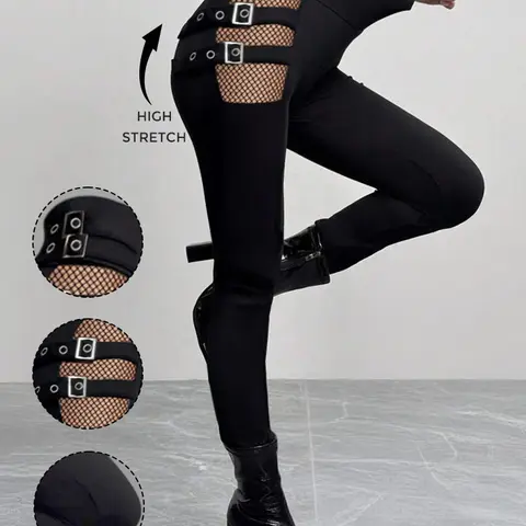 DRESSLILY 2026 Lady's Gothic Black Basic Trouser - High Waisted Skinny Long Bottom, Hollow Out Design, Square Buckle Strap, Fabric Pants for Summer Wear