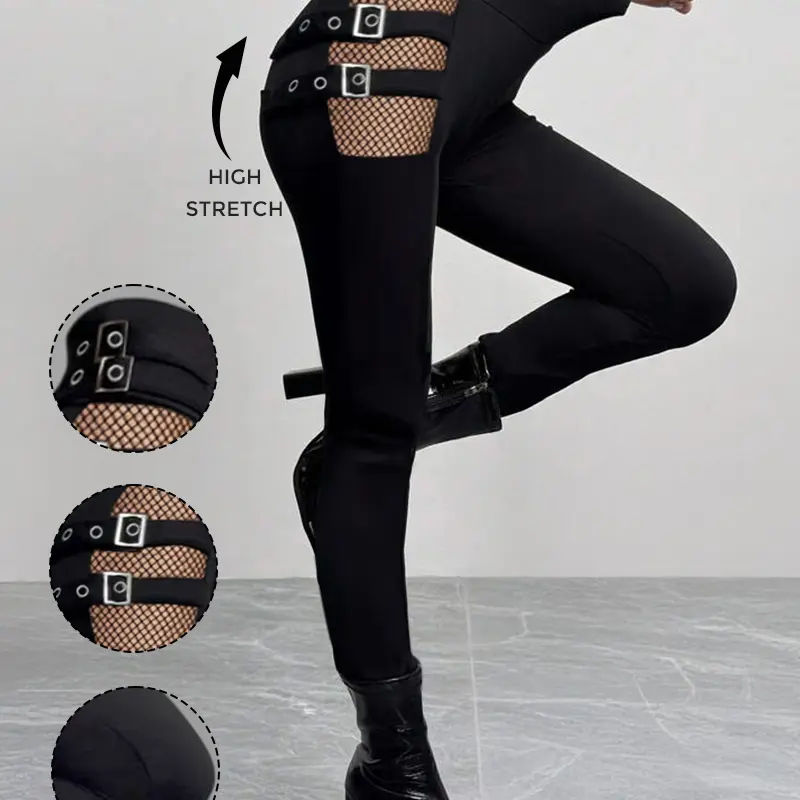 DRESSLILY 2026 Lady's Gothic Black Basic Trouser - High Waisted Skinny Long Bottom, Hollow Out Design, Square Buckle Strap, Fabric Pants for Summer Wear