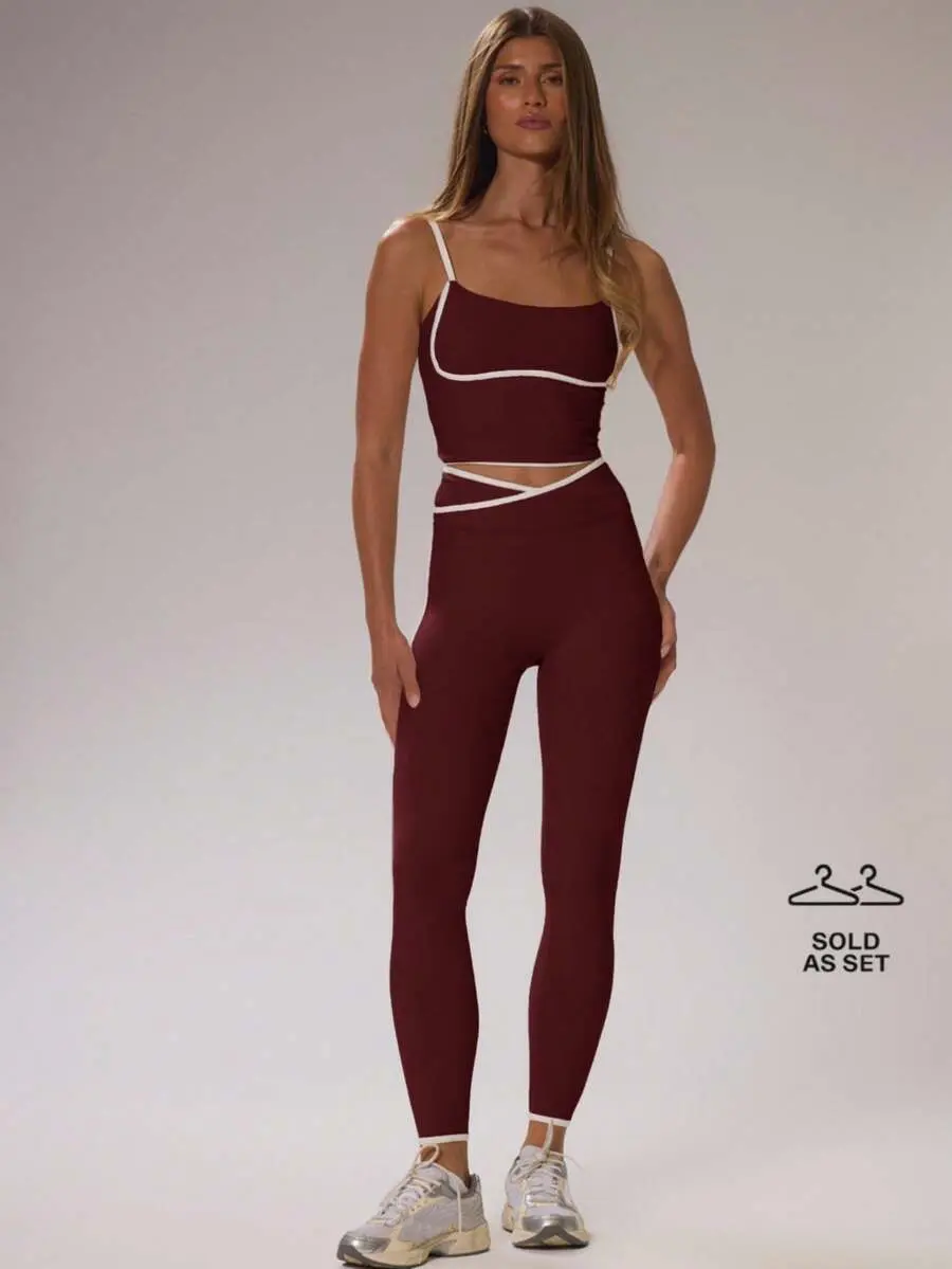 Sport Sport Contrast Piping Fitted Crop Top And Crossover High Waist Leggings Co-Ord Set Cinched Stretch Activewear Sport Gym Ski Fitness Off Piste