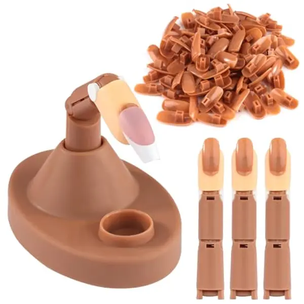 Acrylic Nail Practice Finger Kit with 1 Base Stand 3 Adjustable Fake Fingers 100 Brown Nail Tips for Beginner Nail Training, Manicure, Nail Art