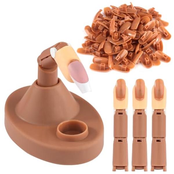 Acrylic Nail Practice Finger Kit with 1 Base Stand 3 Adjustable Fake Fingers 100 Brown Nail Tips for Beginner Nail Training