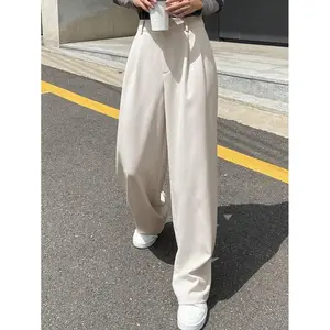 Women'sApricotCasualPleatedWideLegPantsLooseFitStraightLegElasticWaistZipperFlyPlicatedRegularFitPolyesterFabricDaily&FestiveWearBottomsWomenswear