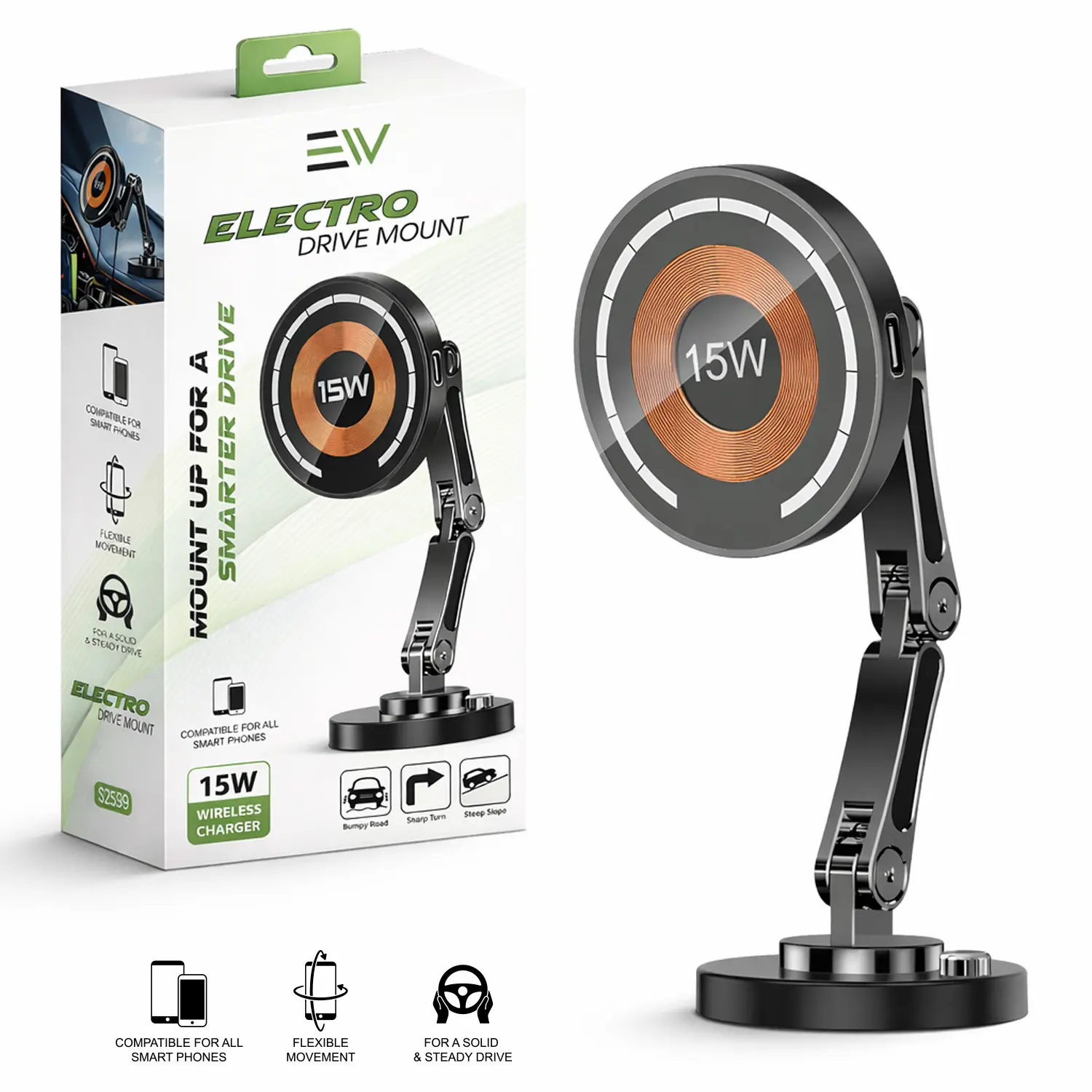 Electronic World 15W Magnetic Wireless Charger Car Mount - MagSafe Compatible, Automatic-Clamping, Adjustable, Overheat Protection, 360° Rotatable, Dashboard/Vent Fit for iPhone & Android, Hands-Free Safe Driving for Long Road Trips