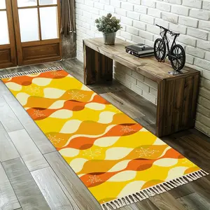 Mid Century Modern Mustard Yellow, Orange Starburst Retro Tassel Rug