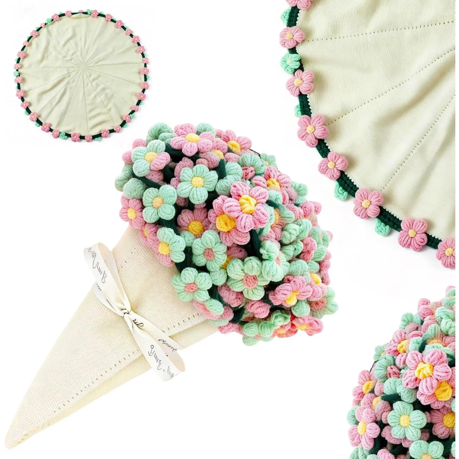 Finished Handmade Breathable Durable 47.2-inch x 63-inch Crochet Daisy Flower Bouquet Blanket, Female-focused Home Decor & Festive Gift for Mom or Wife, Birthday, Floral