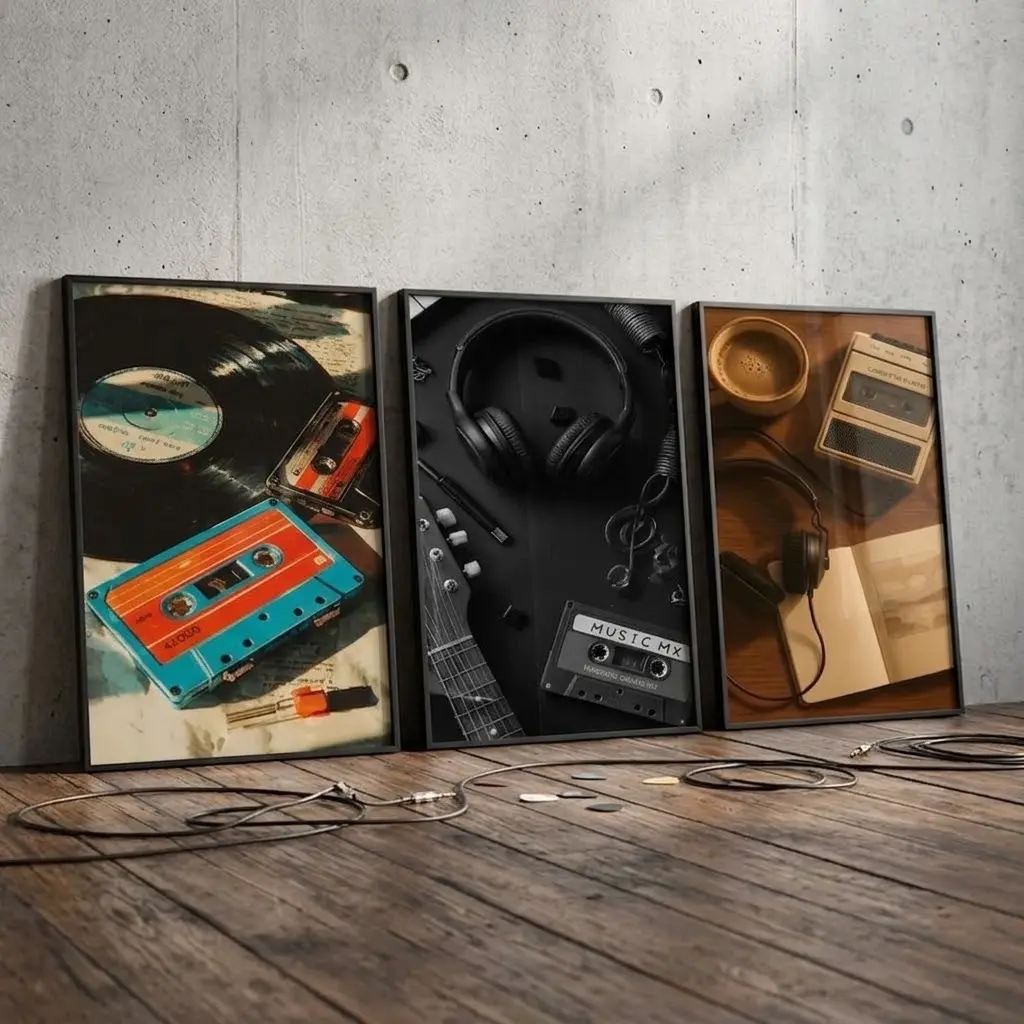 Retro Music Wall Art Set of 3 - Vintage Cassette Vinyl Prints, Analog Posters for Music Studio Decor (No Frame)