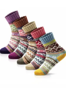 Women's Vintage Thick Knit Socks Set, Cute Textured Socks, Christmas Gift, Warm Soft Wool Mid-Calf Socks, Winter Floor Socks, Ethnic Style