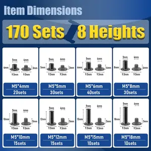 170 Sets Gunmetal Black Chicago Screws Leather Rivets Kit, 8 Sizes (M5*4,5,6,8,10,12,15,18) & 3 Screw Lengths (M4*3,4,5) for Belts, Bookbinding, DIY Leather (Gunmetal Black)