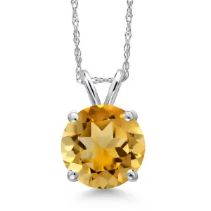 14K White Gold Yellow Citrine Pendant Necklace for Women | 2.80 Cttw | Gemstone November Birthstone | Round 9MM | With 18 Inch Chain
