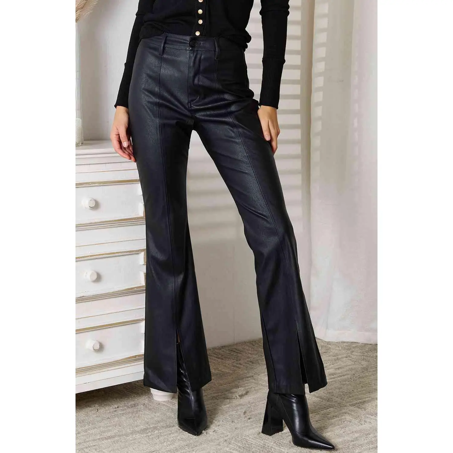 Kancan Vegan Leather Slit Flare Pants