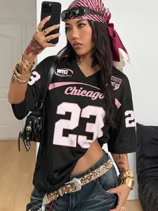 Women Oversized Mesh Graphic Football Jersey T-Shirt, Breathable V-Neck Short Sleeve Streetwear Top, Trendy Loose Fit Sporty Tee, Lightweight Mesh Fabric, Relaxed Silhouette, Bold Number Print, Soft Touch, for Street & Sporty Occasions, All-Day Comfort