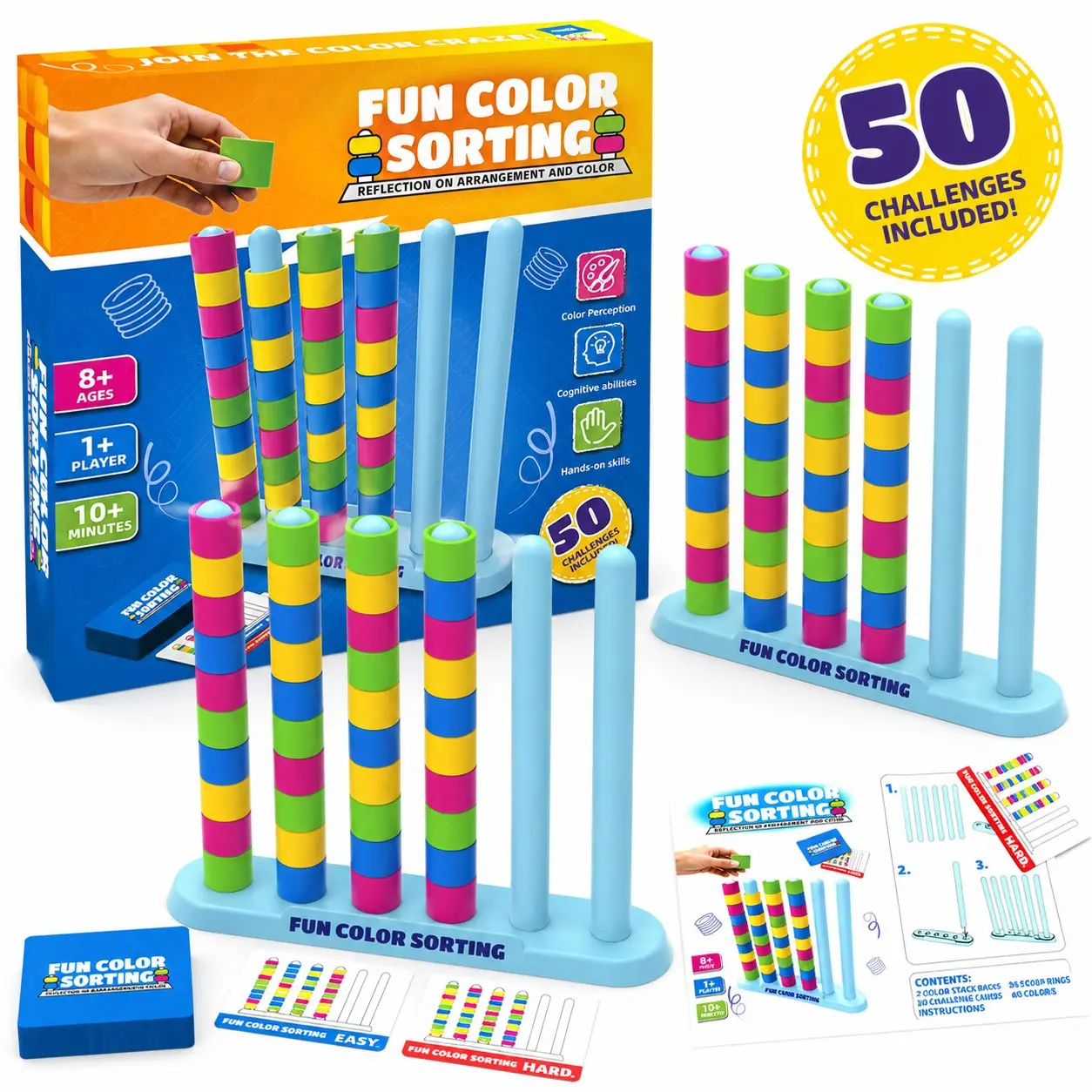 Color Stacking Challenge – Fast-Paced STEM Sorting & Stacking Puzzle Toy for Kids Ages 3-8, with 2 Stacking Trays + 50 Double-Sided Challenge Cards, Educational Family Board Game for Party & Game Night, Family Fun Game