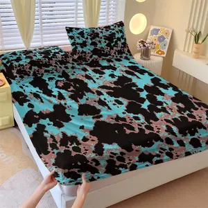 Blue Tone Cow Print Fitted Sheet Set, 1 Fitted Sheet and 2 Pillowcases No Core, Blue Black Color Scheme with Cowhide Pattern Design, Anti-Slip Bedding, Soft Breathable Fabric, Vintage Style Bedroom Decor