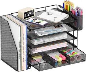 Desk Organizers and Accessories, 5-Tier Paper File Organizer with Drawer & Pen Holder, Office Desk Accessories Workspace Desktop Organizer for Office Supplies(Black)