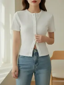 Women's Short Sleeve Button Front Ribbed Tee, Casual Basic Top for Daily Wear, Ladies Clothes for All Seasons