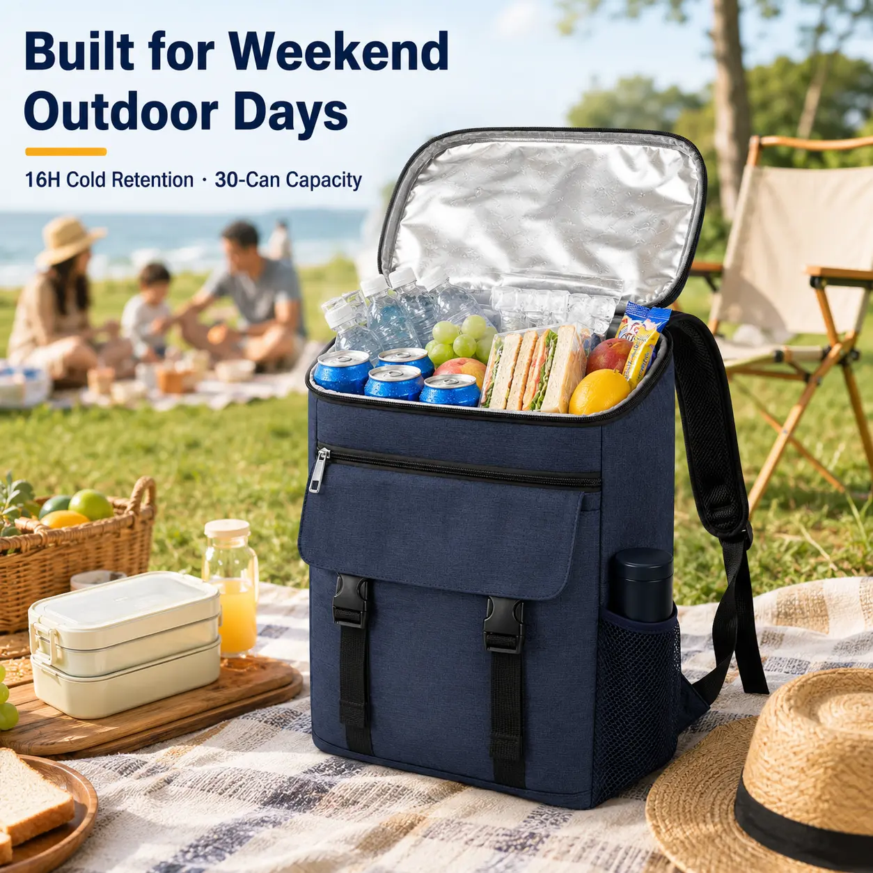 Leak-Proof Insulated Cooler Backpack, 30-Can Backpack Cooler with Up to 16H Cold Retention for Beach, Picnic, Camping & Weekend Trips Ice Storage Outdoor Mylar Blanket Ice Box