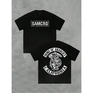 180g TikTok Trending!Black Fitted T - shirt with "SAMCRO" Text on Front and "Sons of Anarchy California" Logo with Grim Reaper Graphic on Back, Perfect for Fans to Achieve a Stylish and Themed Streetwear Look Skull