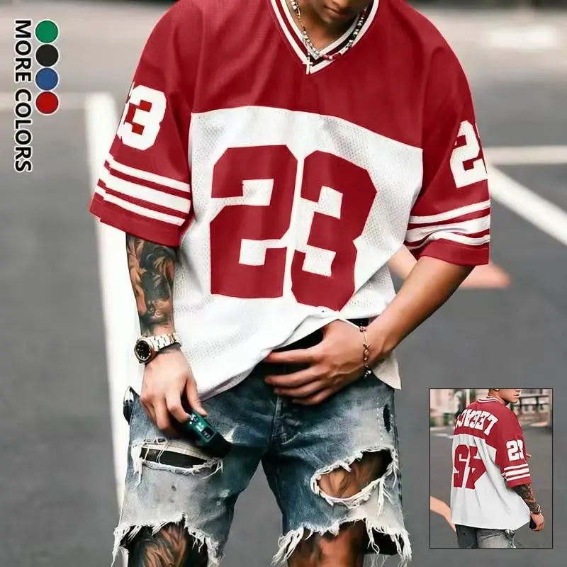 Men’s retro street-style basketball jersey T-shirt, trendy color-block number print short-sleeve top, summer casual loose athletic T-shirt, basketball jersey