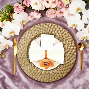 JIT Golden Charger Plates, 13" Plastic Round Decorative Dinner Under Plate, Reusable Elegant Peacock Service Chargers for Wedding Christmas Thanksgiving, Party Table Place Setting Set of 4