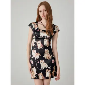 Cider [size 0-26] Satin V-neck Cat Bowknot Mini Dress