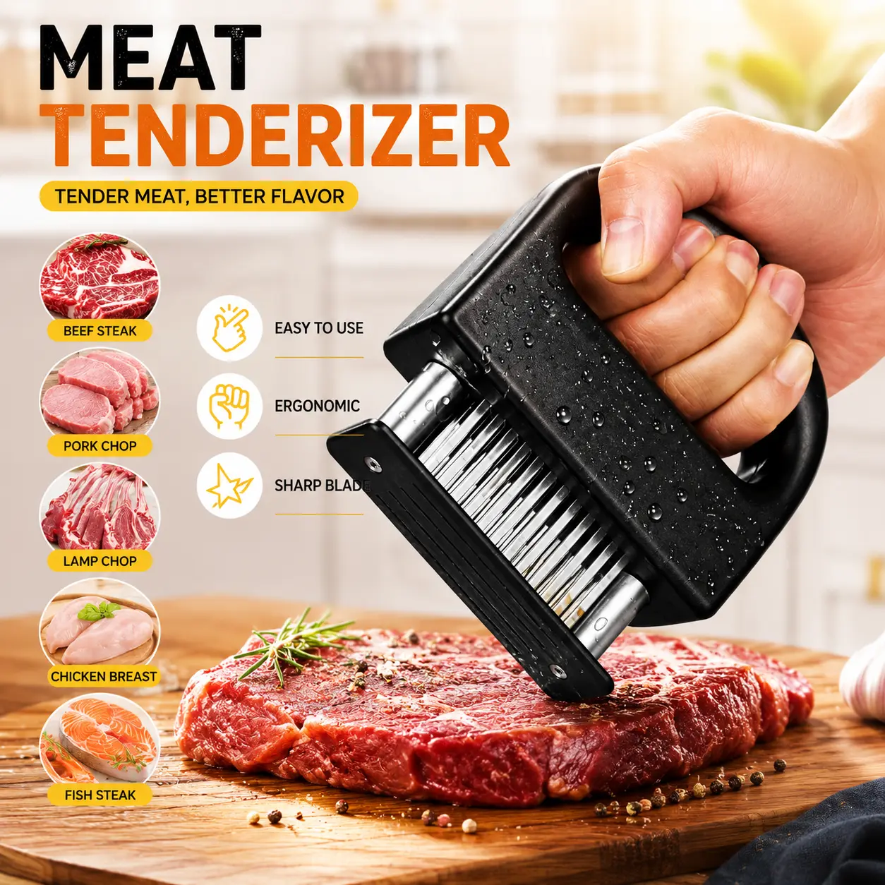 Meat Tenderizer Tool Heavy Duty 48 Blades with Safety Lock, Ultra Sharp Stainless Steel Needle Blades for Chicken Steak Beef Pork, Detachable Design Easy Clean, Large Ergonomic Handle for BBQ Home Kitchen Cooking