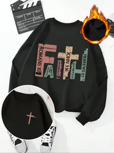 Faith Print Slogan Letter Graphic Round Neck Long Sleeve Sweatshirt Tops, Fall & Winter Casual Women's Clothing, Fitted Style