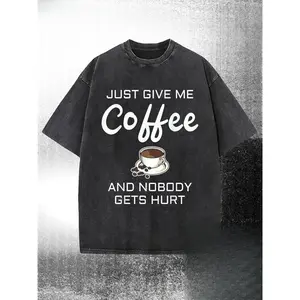 230g Washed Cotton T-shirt with White Text and Coffee Cup Print, High-quality Wax Printed Cotton, Machine Washable, with a Certain Thickness Suitable for Summer T-shirts, Outdoor Activities, Holiday Gifts