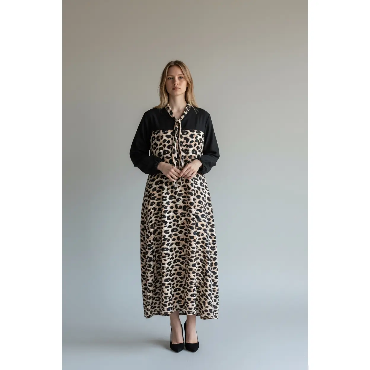 Leopard Print Tie-Neck Maxi Dress