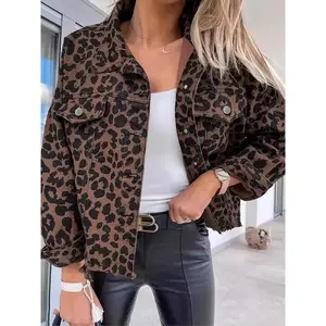 Spring and Autumn Leisure Leopard Print Denim Coat Short Loose Long Sleeves Jacket