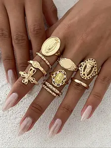 10-Piece Fashion Hip-Hop Crown Portrait Ring Set, Vintage Style Cross Joint Rings, Trendy -Inspired Jewelry Collection, Geometric Design Ring, Statement Multi Ring, Fashionable Jewelry