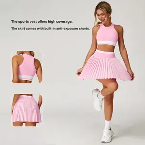 NVWA-Women's Colour Block Tennis Set Women's Pleated Skirt High Waisted Ruffled Tennis Skirt Athletic Skirt Running Shorts With Shorts Pockets Sports Sets Fitness Running Sets Casual Sporty Skorts