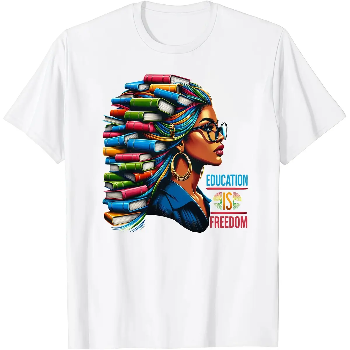 Women's Cotton Round Neck Short-Sleeve Print T-Shirt - "Education Is Freedom" Black Woman Reading Graphic, Afrocentric Empowerment Clothes