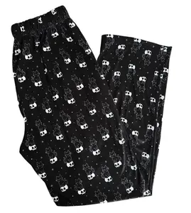 Gothic Cat Skull Pajama Pants, Spooky Cute Black Cat Print Lounge Pants, Unisex Wide Leg Casual Sleep Bottoms, Cozy All Season Comfortable Sleepwear For Men Women