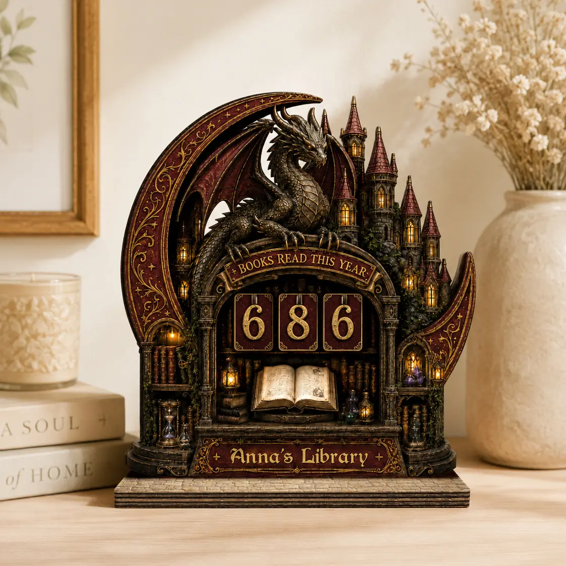Personalized Books Read This Year Counter Sign Fantasy Book Lovers Gifts, Dragon Book Tracker, Dragon Nerd Gifts for Women Readers, Librarians, Bookworm, Bookish Accessories, Bookshelf Library Decor, Acotar Merch