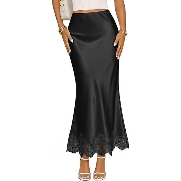 MEROKEETY Women's 2026 Fashion Satin Lace Trim Business Casual Maxi Skirts | Silk Skirt, Mermaid Fishtail, Elastic High Waist, Flowy Long Skirt, Elegant Classy, Dressy Casual, Fall Trendy Outfits