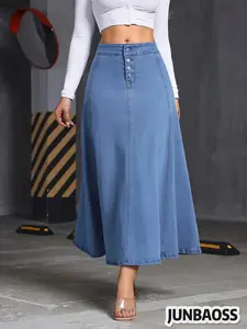 JUNBAOSS Women's Casual Stretch Mid Rise Long Denim Skirt with Buttons Slim Fit Mid Waist Stretchy Fabric A Line Skirt for All-Day Wear