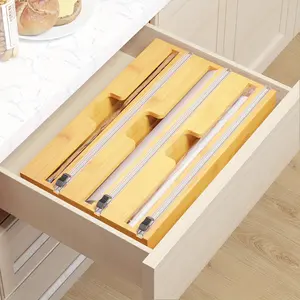 Wrap Holder with Cutting Tool and Tags, Bamboo Dispenser for Aluminum Foil, Plastic Wrap, and Wax Paper, Kitchen Storage Organizer for 12" Roll