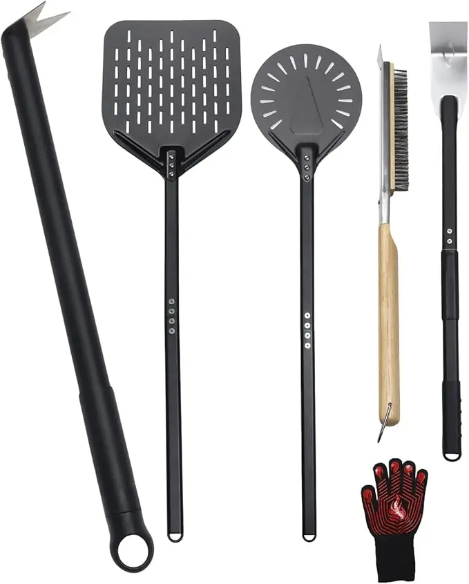 6PCS Pizza Turning Peel, 9 &12 Inch Perforated Pizza Peel, Pizza Brush, Ash Rake, Bubble Spinner Turning Fork, Heat-Resistant Oven Mitts, Pizza Oven Utensil Kit with 40 Inch Aluminum Handle