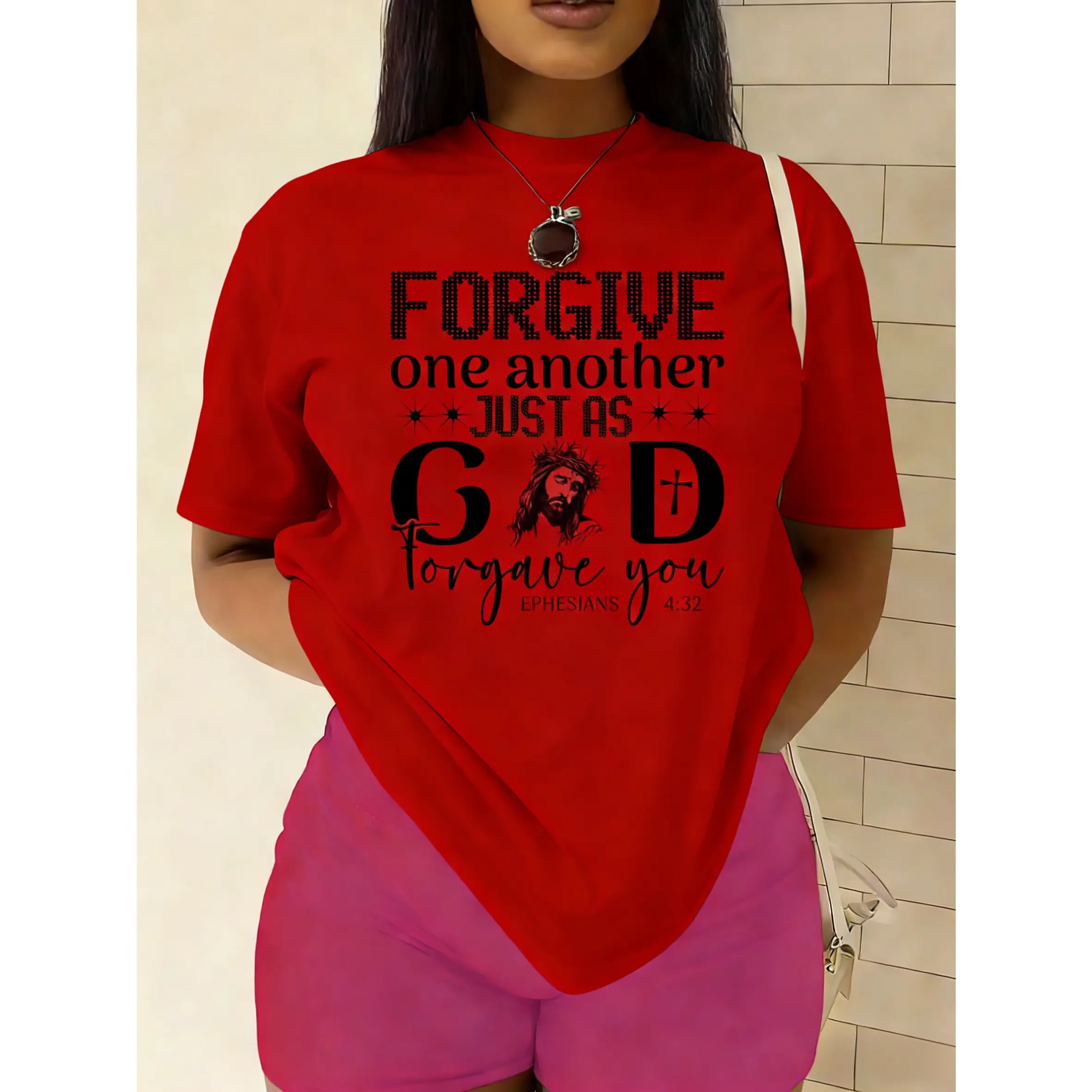Women's 100% Cotton Smooth Fabric Short-Sleeve Graphic Fit Christian Faith T-Shirt, Printed with Ephesians 4:32 Bible Verse "As God has forgiven you, so you must forgive one another", Suitable for Church