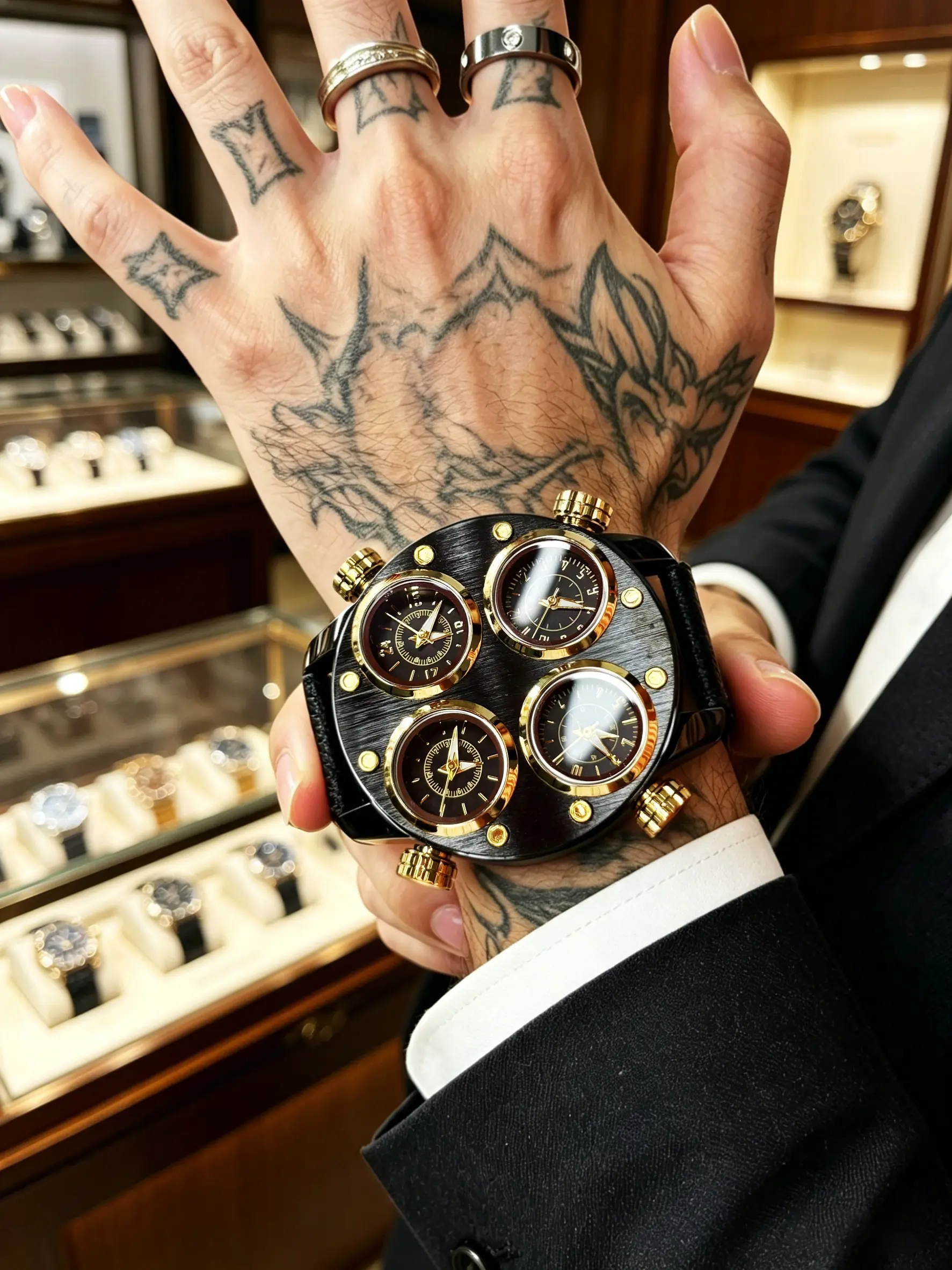 Litchi Texture Leather Strap High-End Punk Men's Business Large Watch, Multi-Time Zone Personalized Watch, Gift Box Included, Quartz Wristwatch, Classic Analog Watch, Analog Quartz Watches, Punk Style Watch