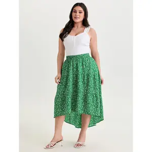 BLOOMCHIC Women's Plus Size Micro-Floral Print Flowy Midi Skirt [M-6X] - 2026 Summer Vibes Swimweek, Spandex Fabric, Smooth Fit, Spotlight Bottom, Functional Pocket, Stylish Garment