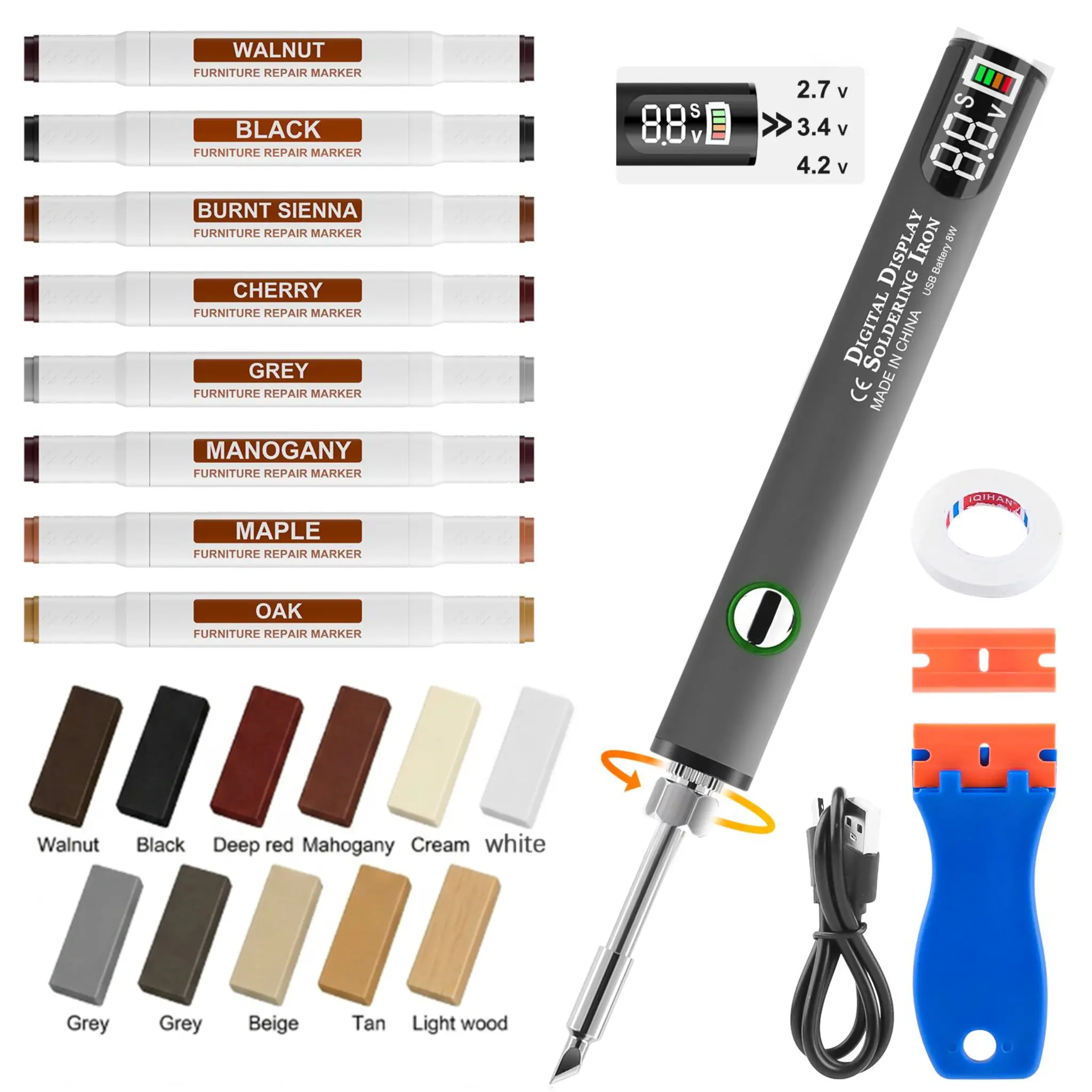Furniture Repair Kit with Heat Pen, Hard Wax Sticks & Touch-Up Markers for Wood Floors, Furniture, Cabinets & Countertops