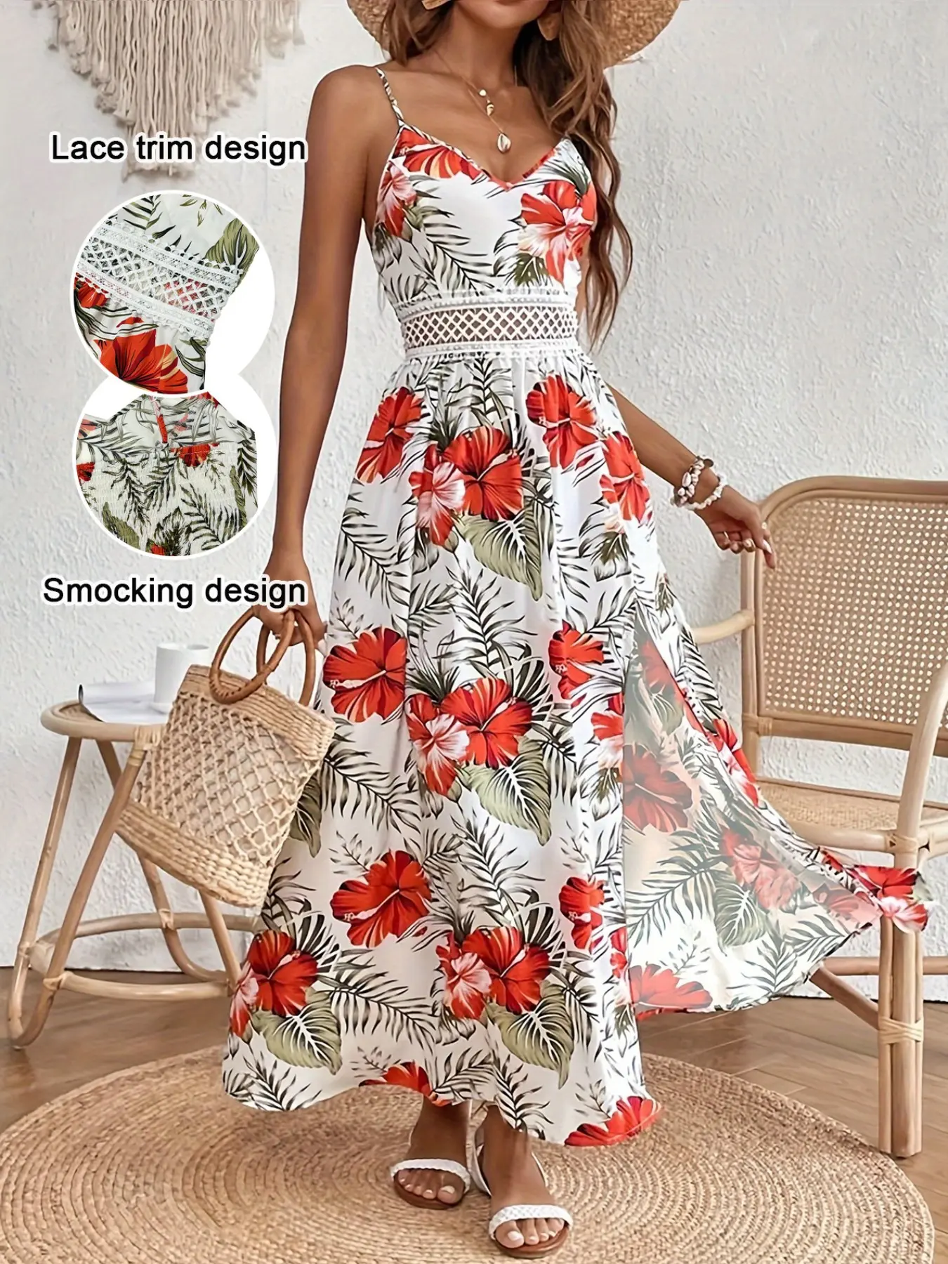Women's Summer Lace Patchwork Tropical Print Long Cami Dress, Elegant Thin Straps, Perfect for Beach Vacation and Outdoor Play - TikTok Shop Women's Summer Lace Patchwork Tropical Print Long Cami Dress, Elegant Thin Straps, Perfect for Beach Vacation and Outdoor Play - TikTok Shop