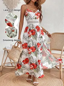 Women's Summer Lace Patchwork Tropical Print Long Cami Dress, Elegant Thin Straps, Perfect for Beach Vacation and Outdoor Play