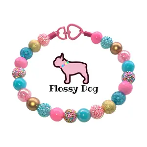 Cotton Candy Ice Cream Cone Beaded Dog Collar | Durable Dog Necklace | Gold, Pink, & Aqua Bead Collar for Dogs | Collar Charm | Dog Pearls |