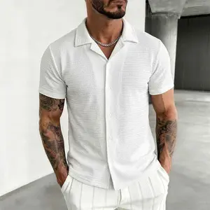 Best seller in the US market! Men’s waffle-textured short-sleeve shirt with Cuban collar — textured fabric, vacation casual, versatile top